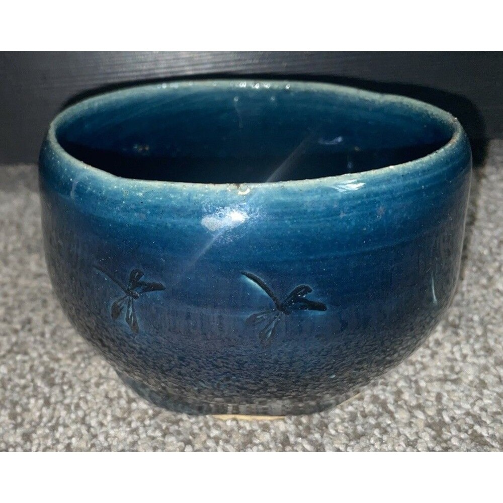 Studio Pottery Cobalt Blue Dragonfly Bowl Signed Handmade Tea Chawan 4 inch